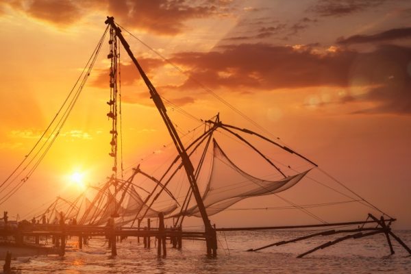 chinese fishnets on sunset kochi kerala india       utc tbndn